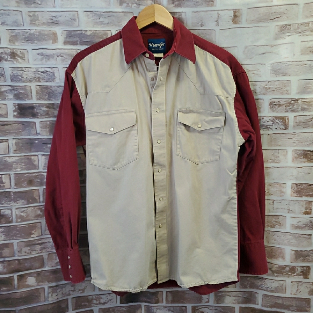 Wrangler Two-Tone Western Shirt Size M - Cream & Burgundy Vintage